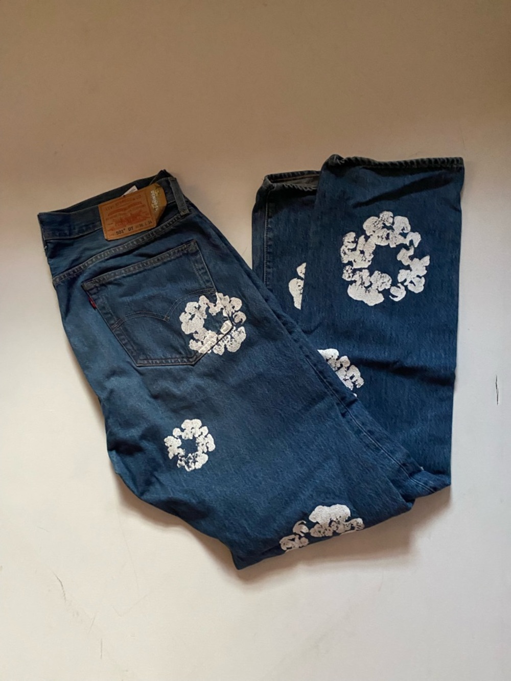 Denim Tears Levi's Navy Blue Jeans with White Floral Clusters